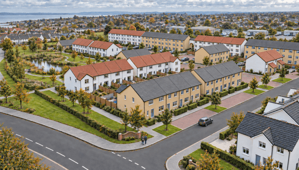 Aerial view of rows of houses within a street, with a mix of yellow and white facades