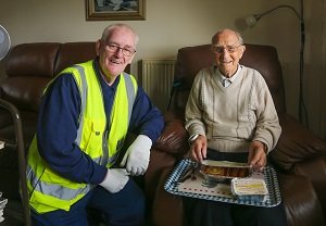 Alan Hunter, Meals on Wheels delivery driver with Mr Alex Monaghan from Kirkcaldy with his Meals on Wheels. Alan Hunter, Meals on Wheels delivery driver with Mr Alex Monaghan from Kirkcaldy with his Meals on Wheels.