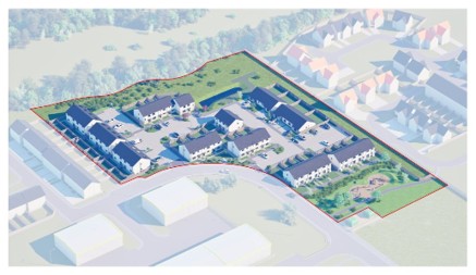 Artist's impression of what the houses will look like at Primrose Lane. White facades and grey roofs, in semi detached and terraced formation