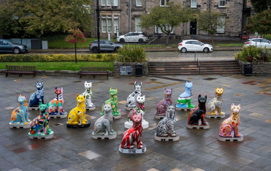 Wemyss Cat statues at the town square in Kirkcaldy