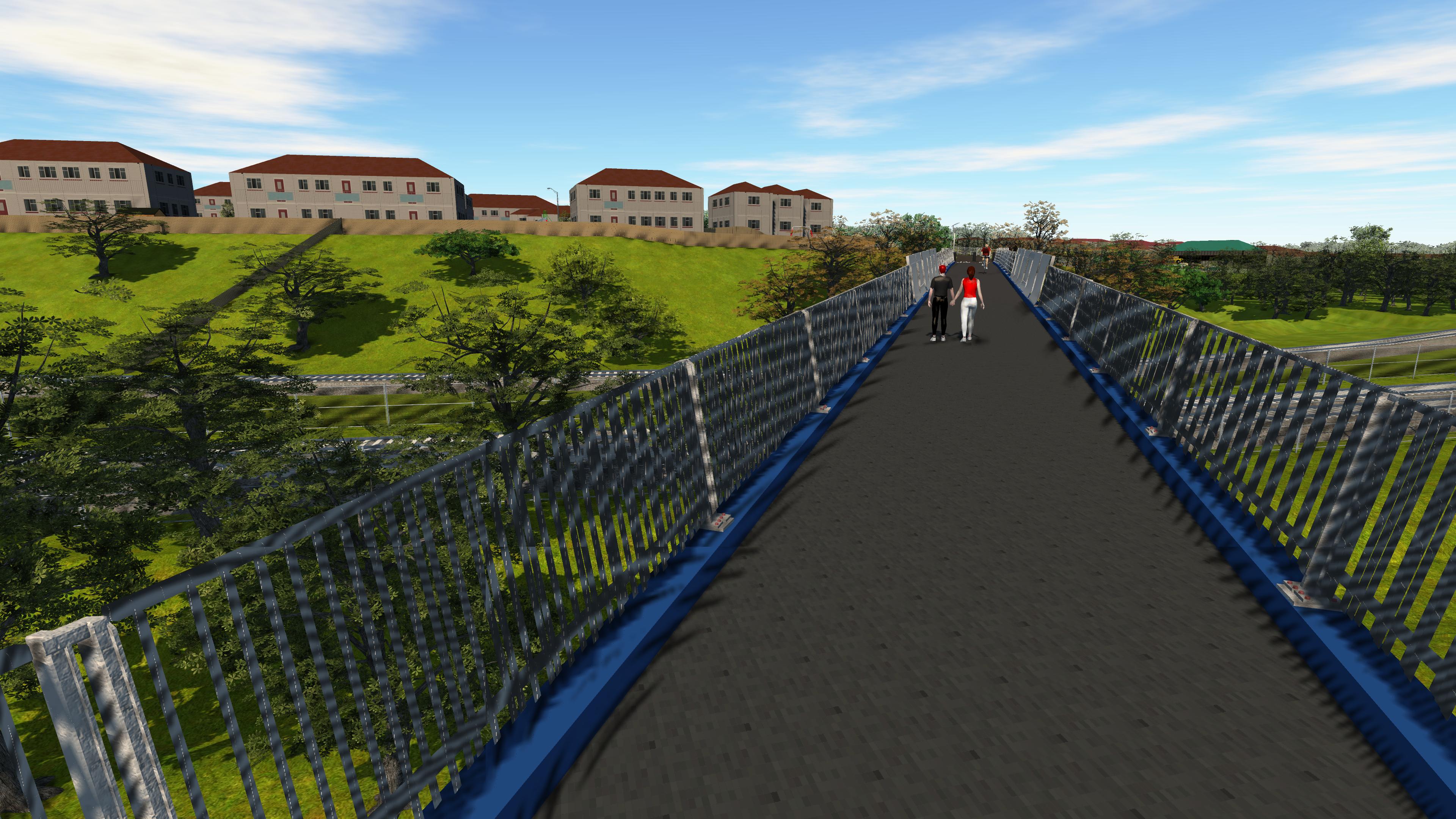 3d visualisation of a person walking on abridge