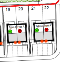 Grid map outlined in red and with corresponding green and red dots indicating which units will be changed into houses