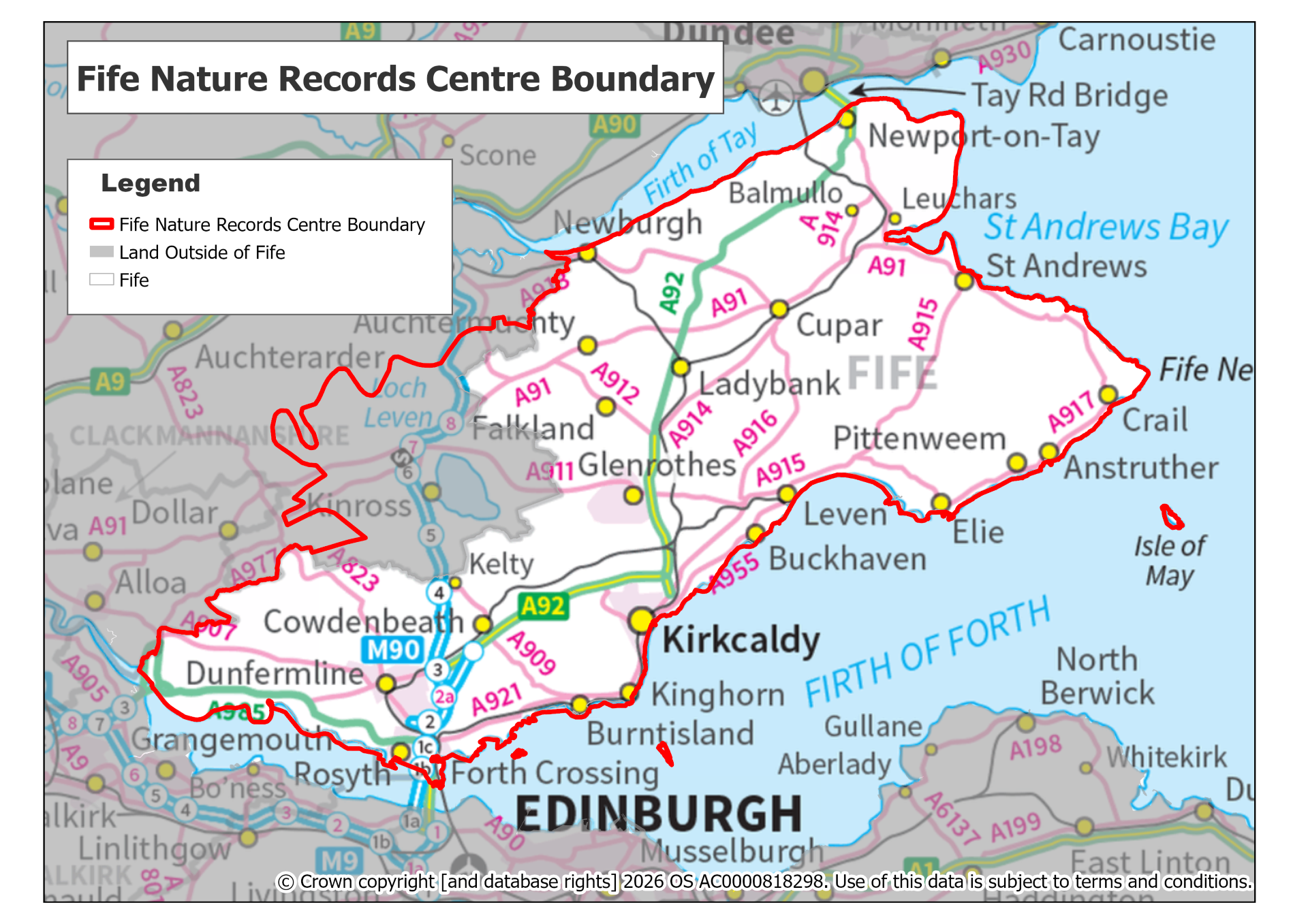 FNRC boundary Map showing the Fife Nature Records Centre boundary (Vice County 85), covering Fife and Kinross