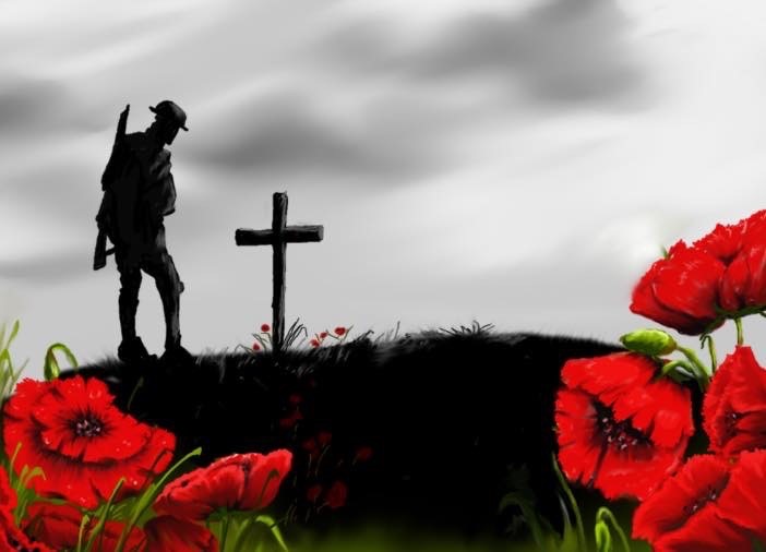 Black and white image with the silhouette of a soldier and cross with red poppies