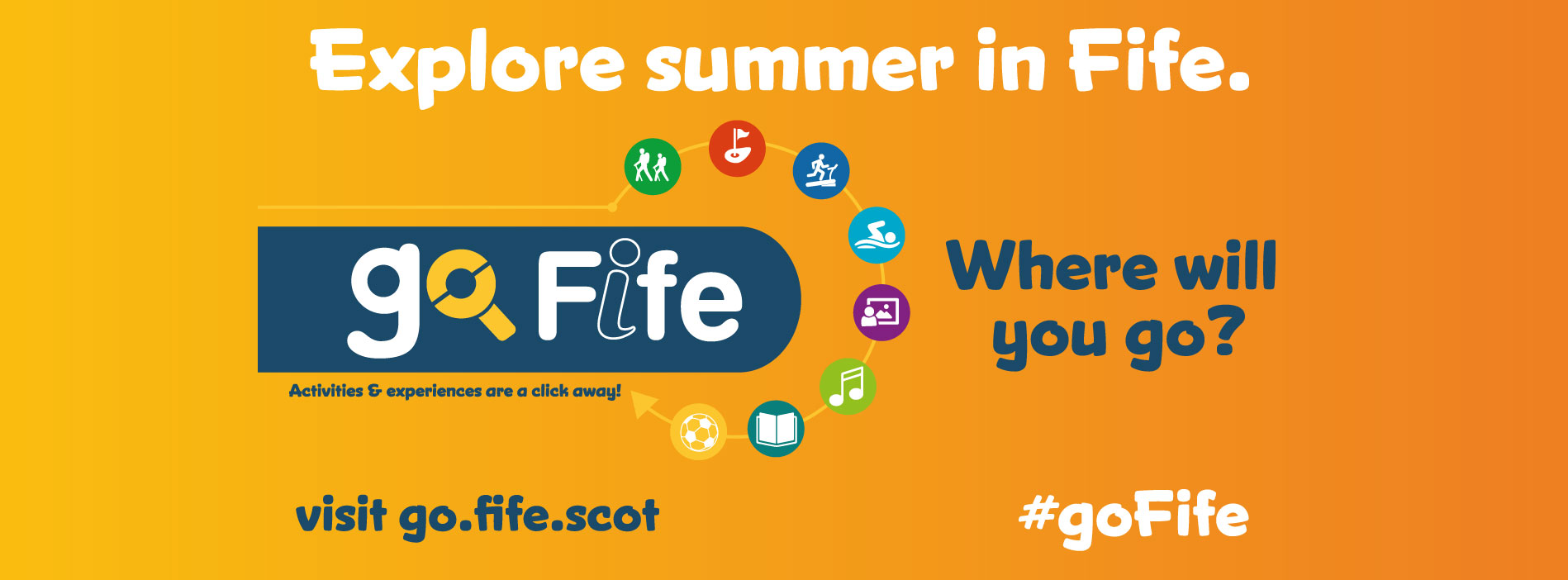 Explore summer in Fife. Go Fife. Where will you go? #goFife. Visit go.fife.scot  - Get out and about and GoFife this summer