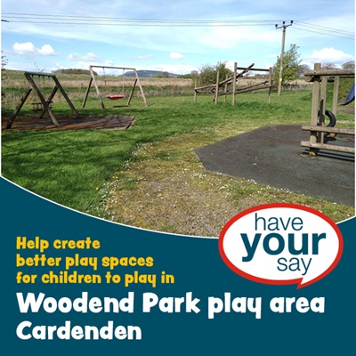 Have your say - What would you like to see in Woodend Park play area? Image of a play park with wooden structures and a set of swings