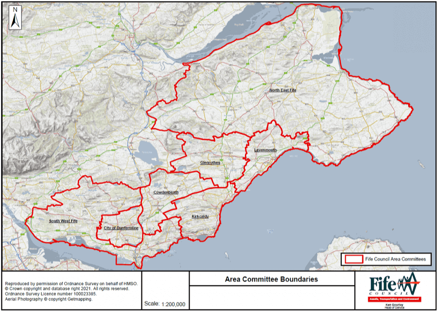 A map of Fife Council's area committees in Scotland, showing the boundaries of each committee