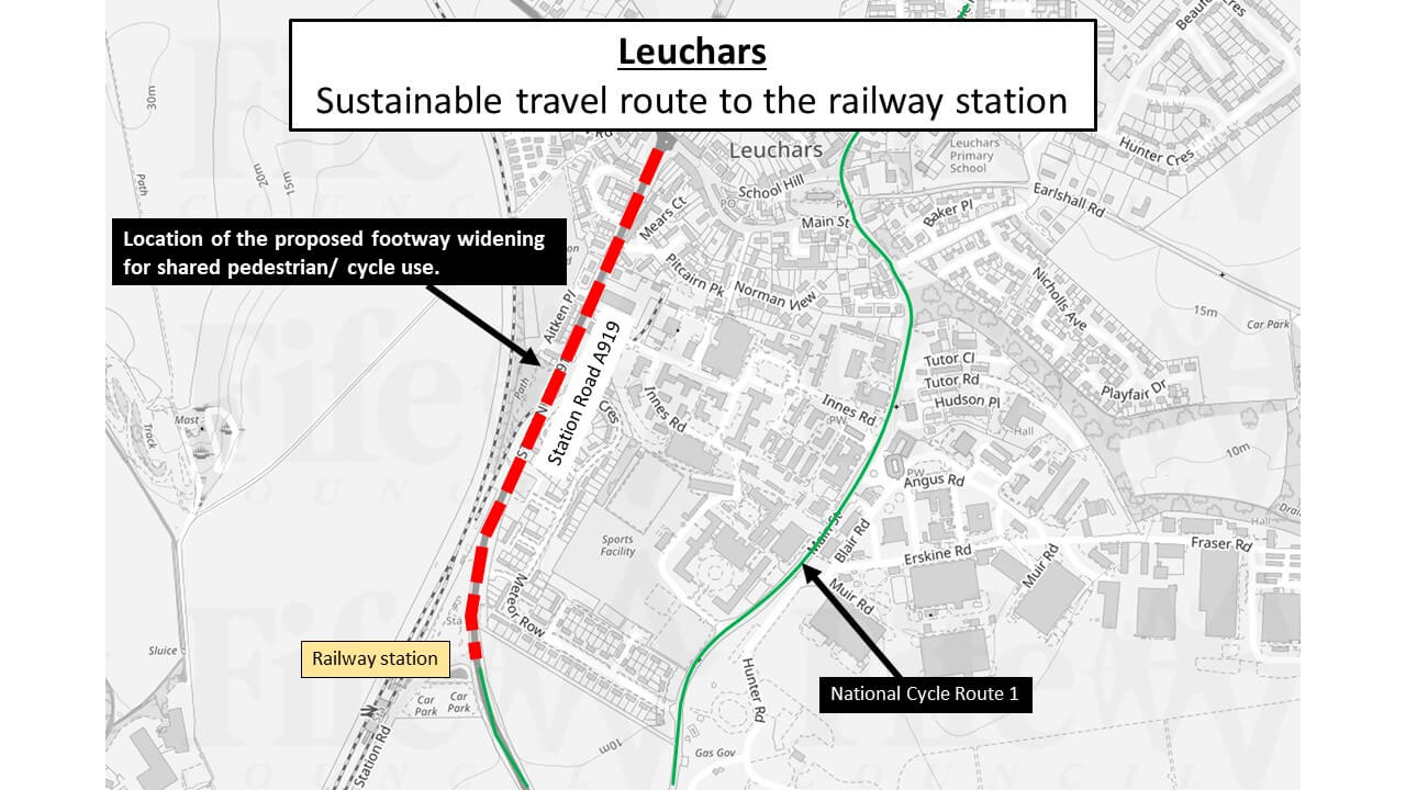 Location plan showing a red dotted line along the A919 Station Road, Leuchars. This is the location of the location for the proposed footway widening for shared pedestrian and cycle use.