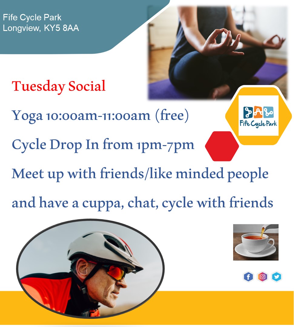 Woman in a yoga pose and man on a bike wearing a cycling helmet