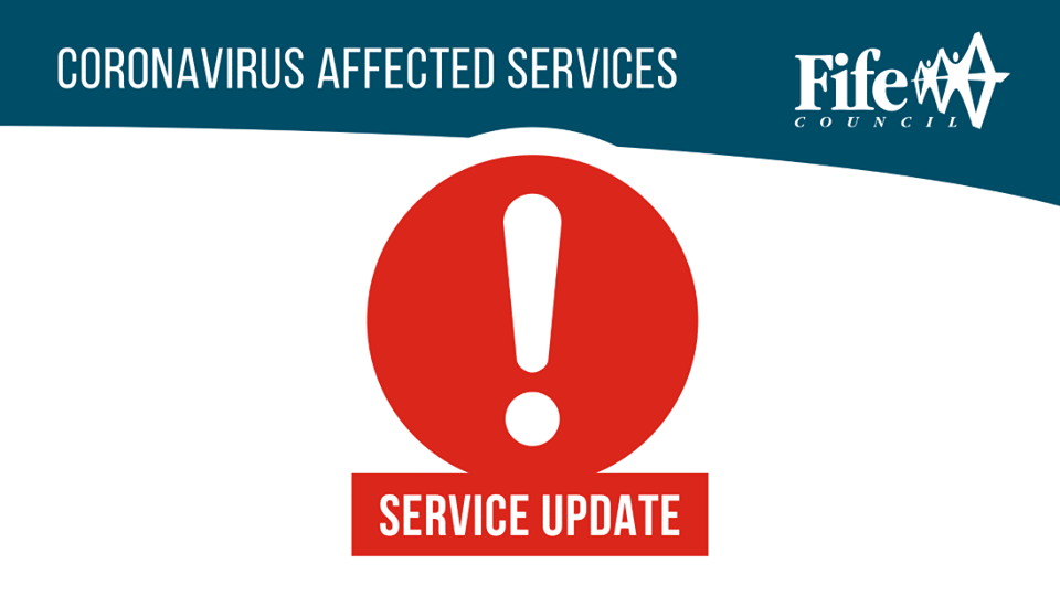 Coronavirus affected services graphic with Fife Council logo and a red service update warning symbol.