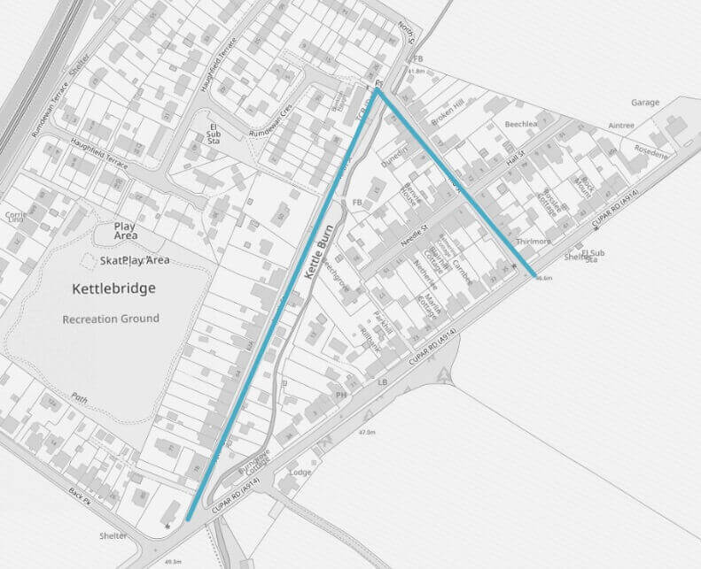 Map showing the pedestrian diversion route in Kettlebridge during Cupar Road roadworks, marked in blue.