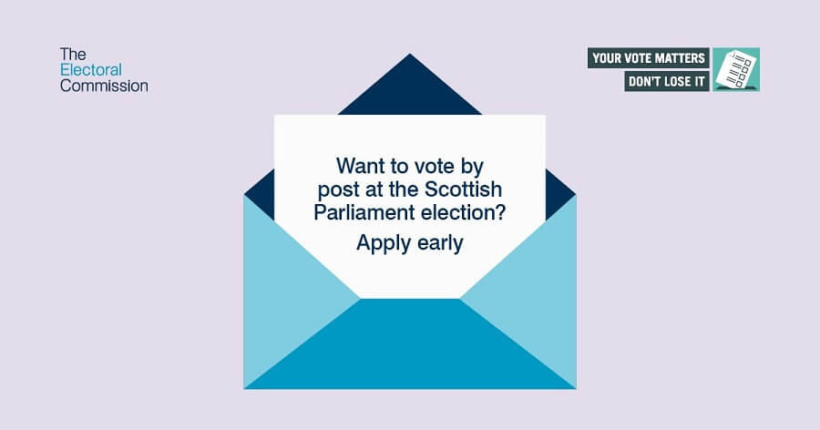 Envelope with note asking if you want to vote by post at the Scottish Parliament election to apply early - Make sure you can have your say in the Scottish Parliamentary Elections