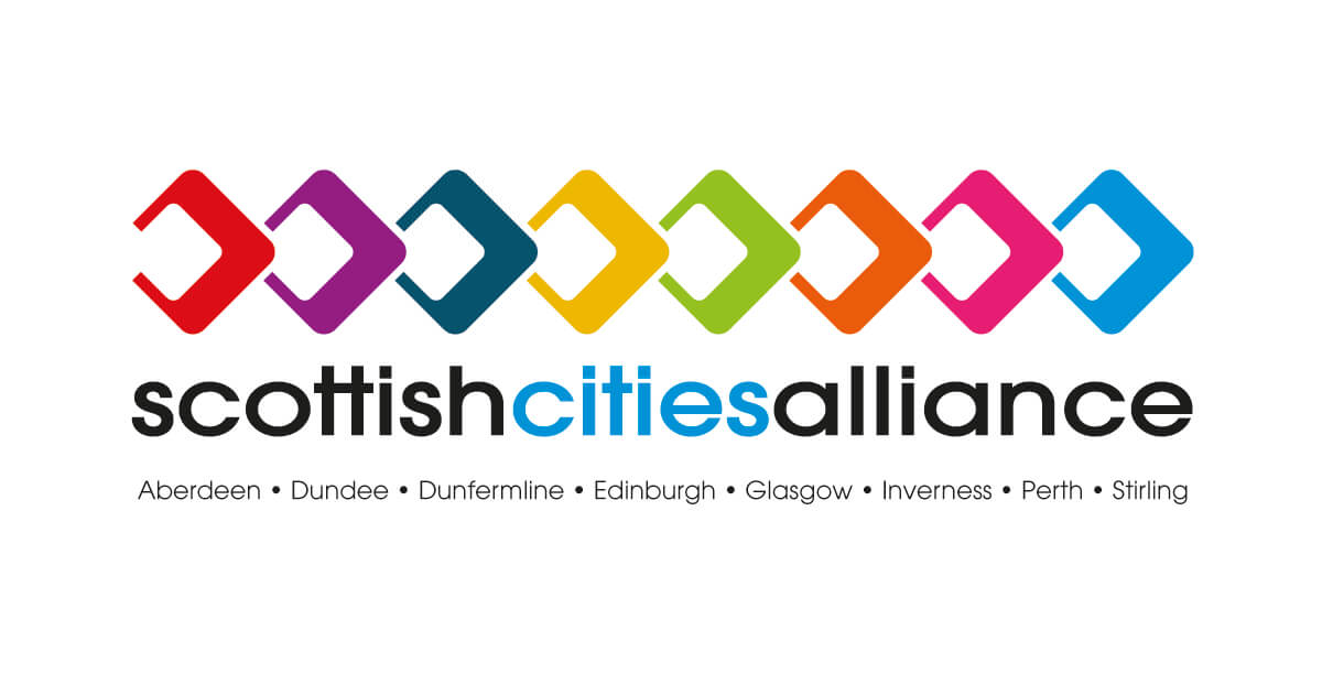 Scottish Cities Alliance logo with colourful geometric shapes and a list of member cities.