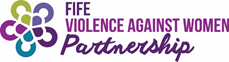 A logo featuring a multicoloured abstract flower‑shaped symbol on the left. To the right of the symbol, the text reads: ‘Fife Violence Against Women Partnership’ in purple and dark blue lettering