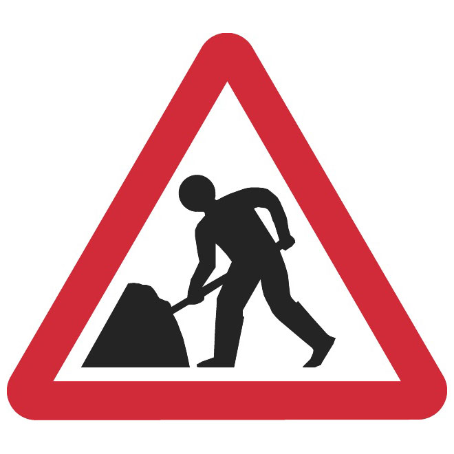 Roadworks warning sign showing a person digging inside a red triangle.