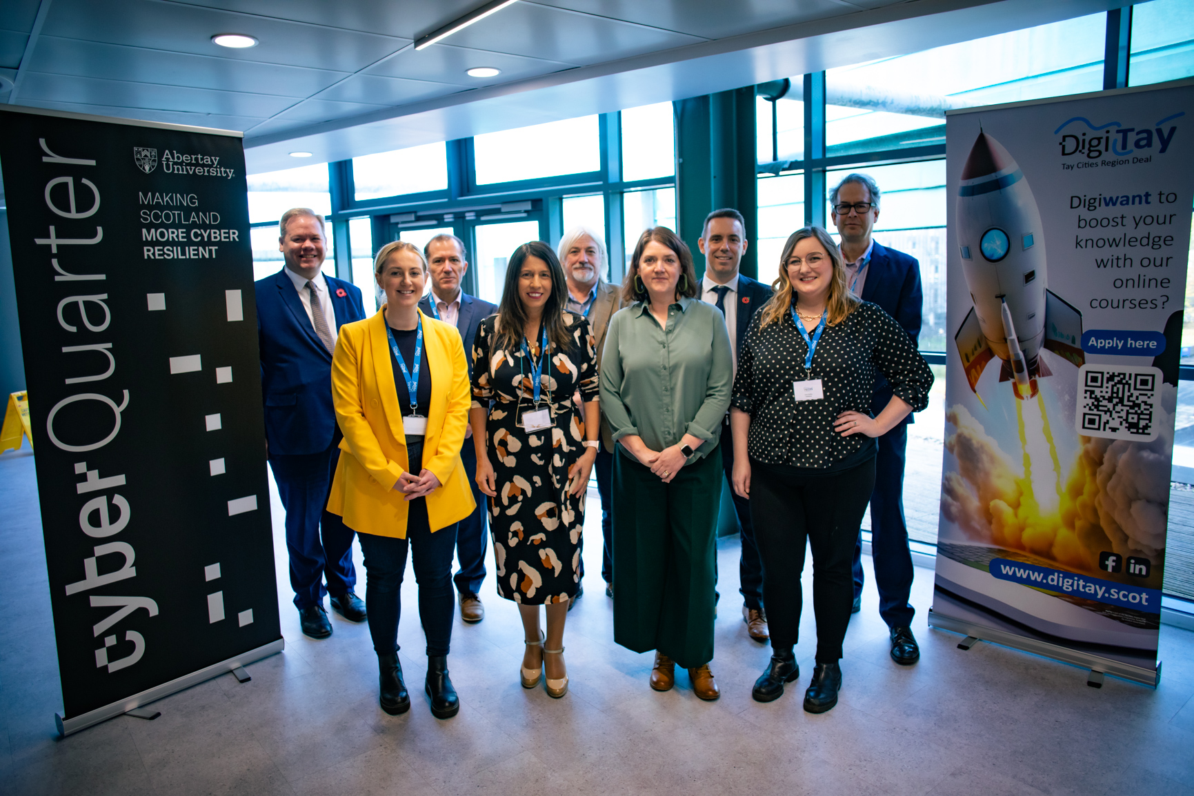 Left to right:   Back row:  Gordon Mole, Fife Council,  Richard Marsh, 4 - Consulting,  Councillor Grant Laing, Perth and Kinross Council,  Simon Hewitt, Dundee and Angus College,  Robin Presswood, Dundee City Council   Front row:  Aileen O'Hagan, Fife Council,  Gameelah Gahfoor, NCR Voyix,  Anna Ashton Scott, The Data Lab, Lara Findlay, Tech Scaler Dundee - Tay Cities Digital Skills Project hosts launch event