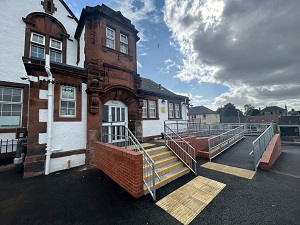 Lochgelly South PS refurbishment Outside entrance of Lochtelly Primary School showing the new ramp