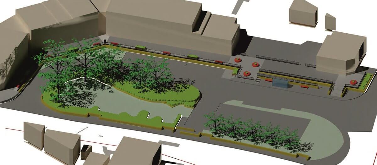 Bishops Court, Kennoway Graphic of planned upgrade showing seating areas, railings , ramps and landscaping around the shopping centre
