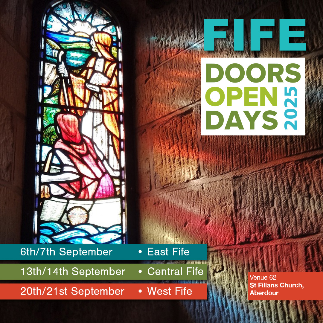 Stained Glass Window with sun coming through onto wall. Fife Doors Open Days 2025 logo in the top right corner