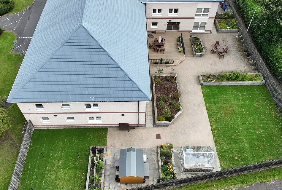 Aerial view of Byron Court complex, showing layout of communal gardens and accommodation