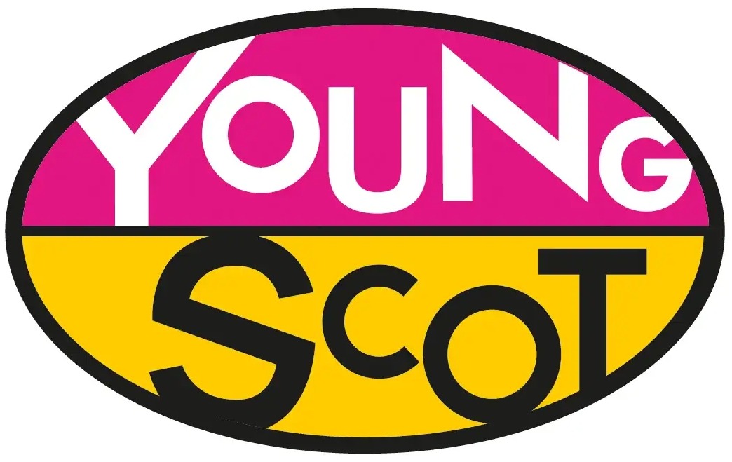 	The image shows an oval-shaped logo divided into two horizontal sections. The top section is magenta with the word ‘YOUNG’ in white capital letters, and the bottom section is yellow with the word ‘SCOT’ in black capital letters.