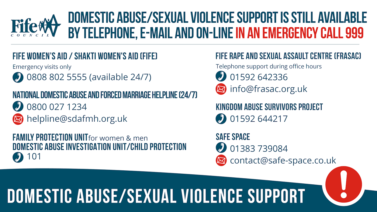 Contact details for people experiencing domestic abuse and sexual violence - Tackling domestic abuse in Fife – 10 years for ground-breaking Initiative