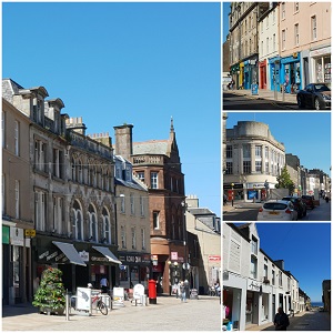 Pedestrian zone timings for exempt vehicles in Kirkcaldy high street to made permanent Montage of different shops on Kirkcaldy High Street