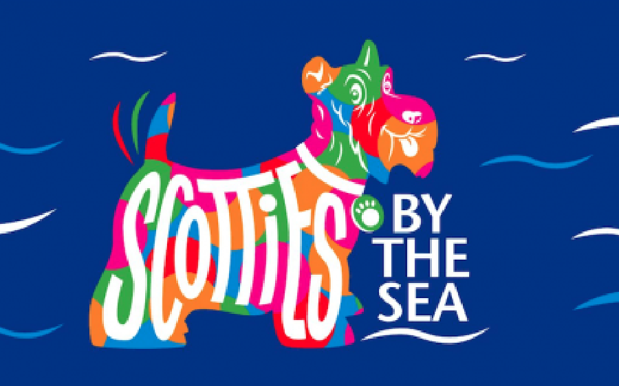 A colorful silhouette of a Scottish Terrier dog with the text 'Scotties by the Sea' next to it