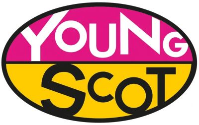 The image shows an oval-shaped logo divided into two horizontal sections. The top section is magenta with the word ‘YOUNG’ in white capital letters, and the bottom section is yellow with the word ‘SCOT’ in black capital letters.
