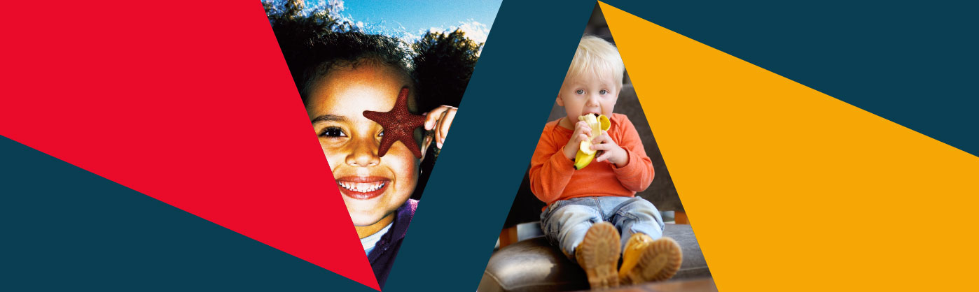 Two children in outdoor and indoor settings, shown within red, blue, and yellow geometric shapes.