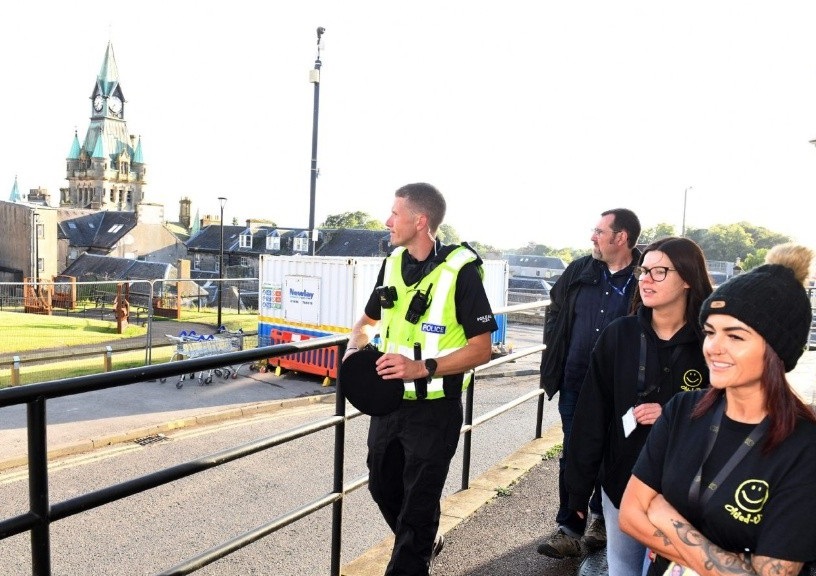 Police and Clued Up workers on patrol at Dunfermline Bus Station