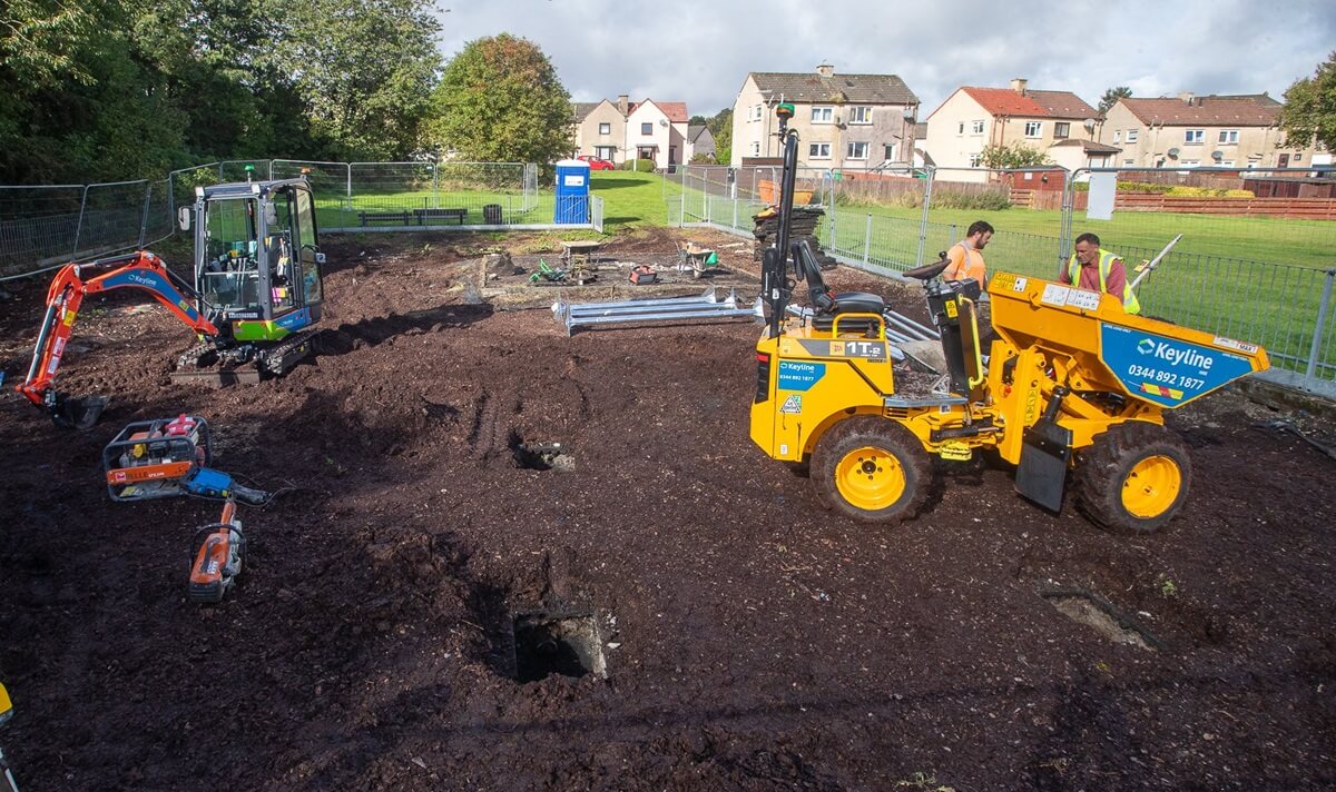 construction vehicles at play park site - Work begins on new play area at Cullaloe View, Cowdenbeath