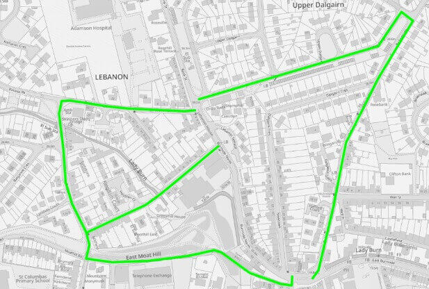 Map showing the signed diversion route for the Burnside road closure in Cupar, marked in green.