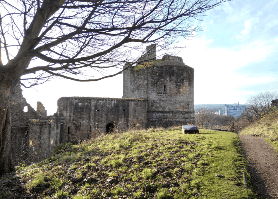 Stone castle ruins with tower, surrounded by grass and trees