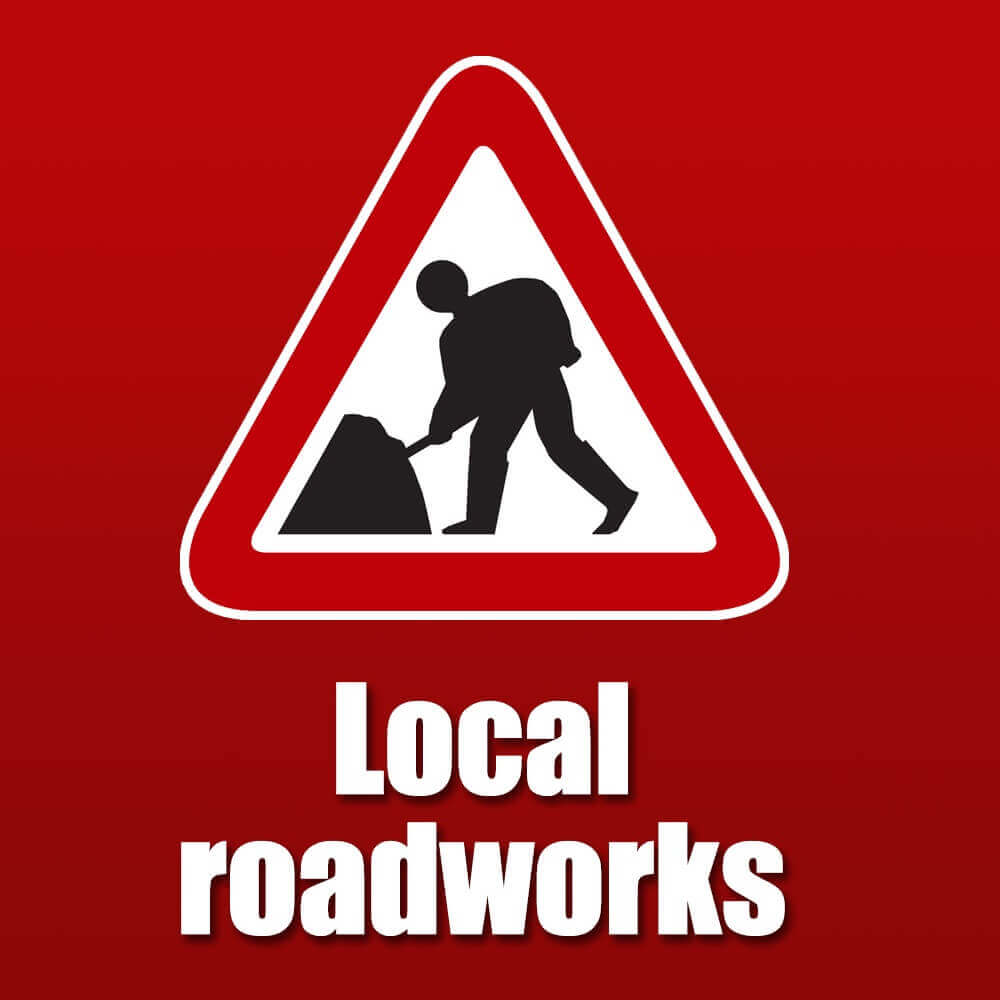 Roadworks warning sign with the text ‘Local roadworks’ - Road closure on B9157 between Kirkcaldy and Dalgety Bay 