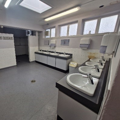changing room 2 A public washroom. Many sinks line the counters. Hand dryers hang on walls below windows.