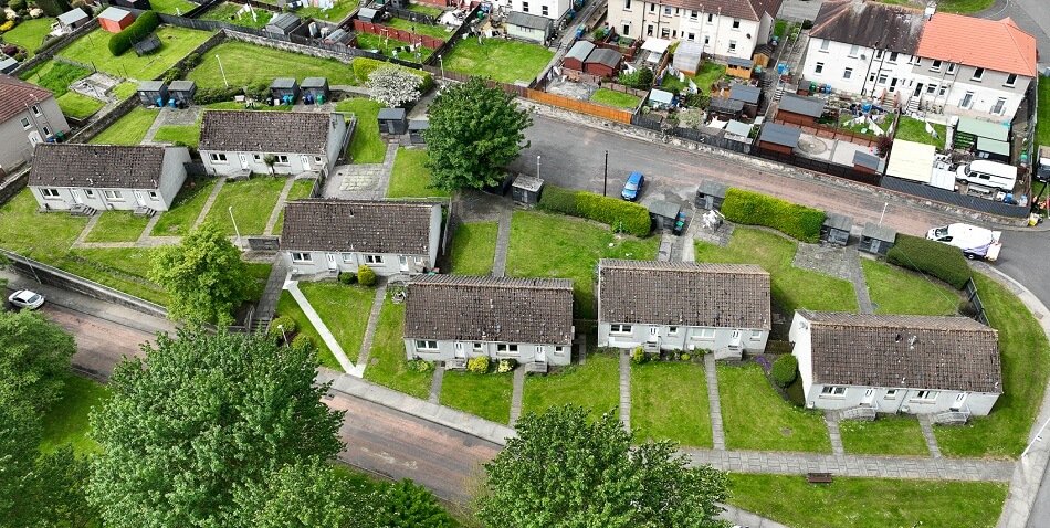 Aerial birds' eye view of the cottage-style properties at Edington Place
