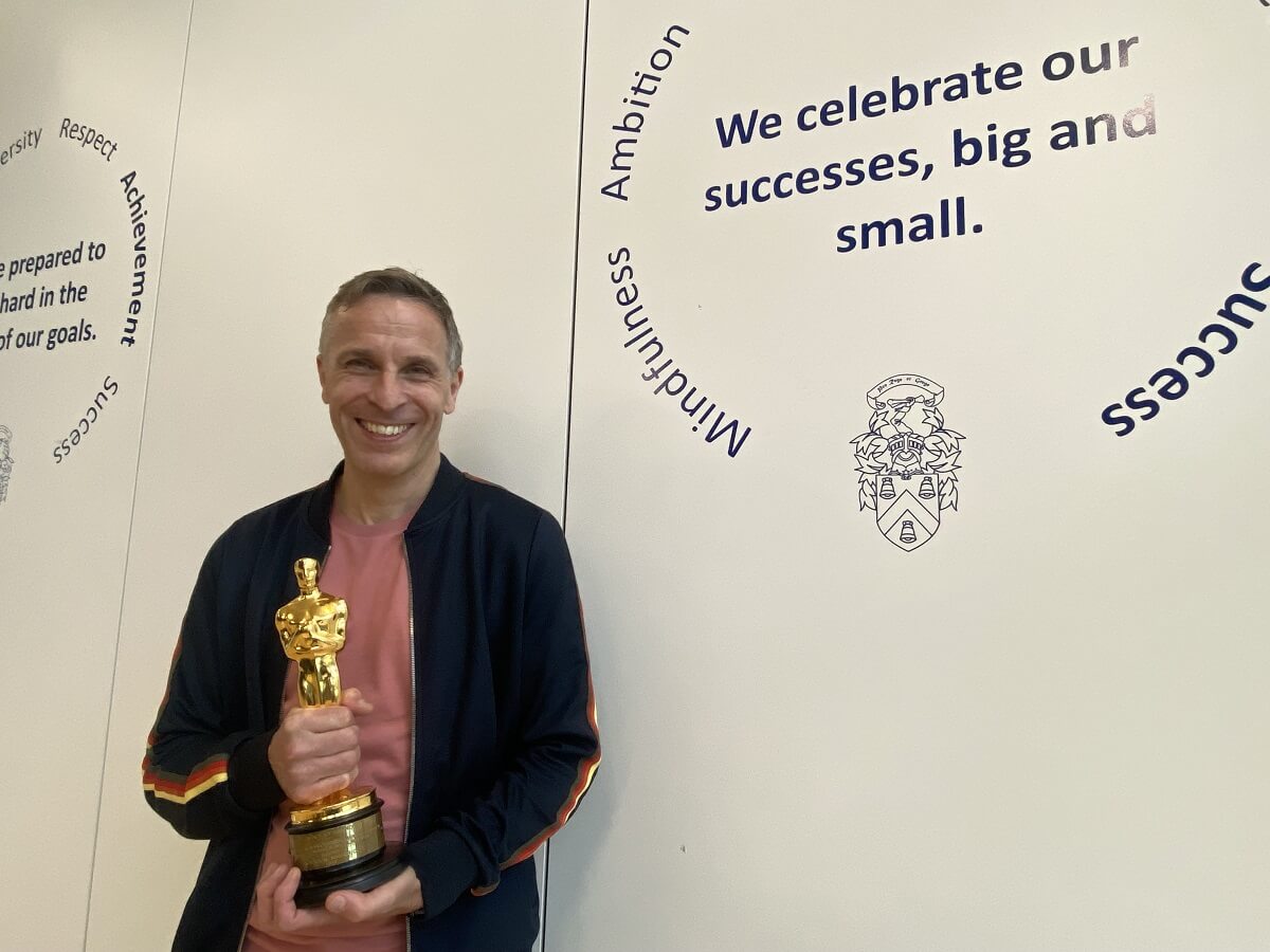 Oscar-winning sound engineer Chris Burdon with his Oscar