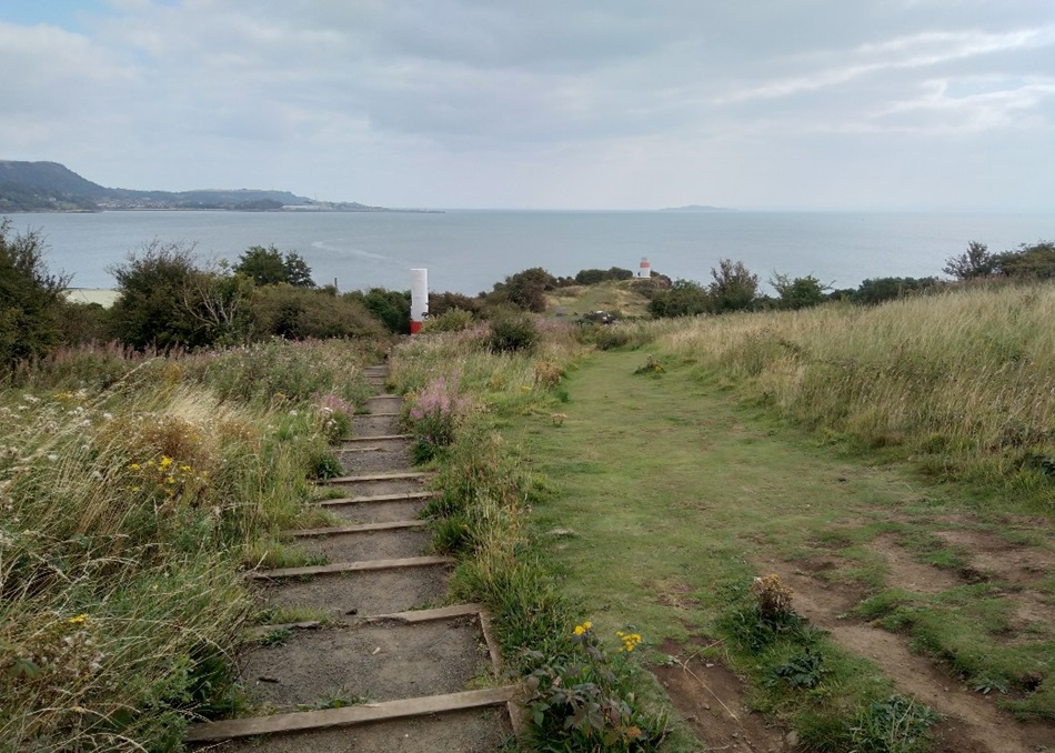 Large steps through grass and wildflowers leading to a lighthouse with the sea and hills in the distance