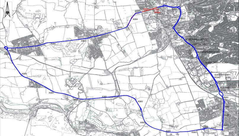 Map showing the signed diversion route for the Carnegie Drive road closure, with the closure highlighted in red and the diversion route marked in blue.