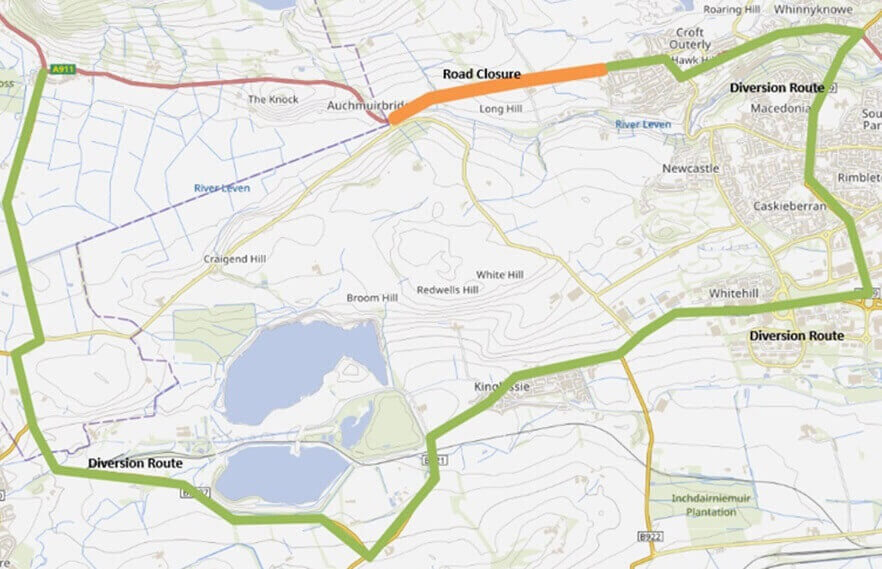 Map showing the A911 road closure between Leslie and Auchmuir Bridge, with the closed section highlighted in orange and the diversion route marked in green.