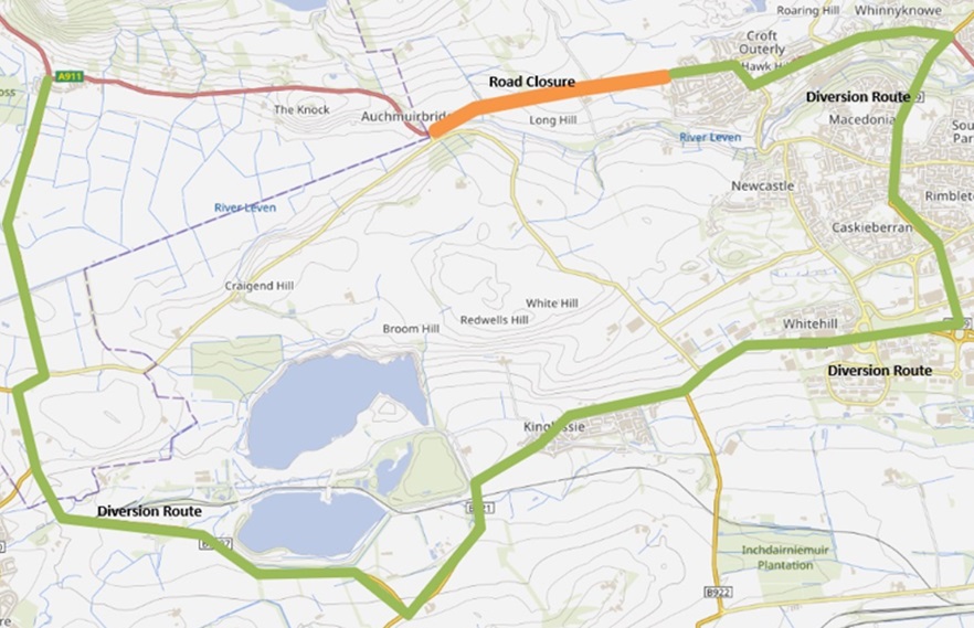 Diversion map for A911 Leslie to Auchmuir  Bridge via Kinglassie and Glenrothes