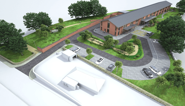 Artist's impression of the Dalgairn Centre housing complex, with large grey and red brick building and parking to the front in a horseshoe shape.