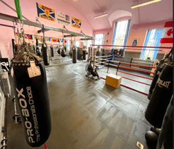 Room with a boxing ring and boxing equipment Room with a boxing ring and boxing equipment
