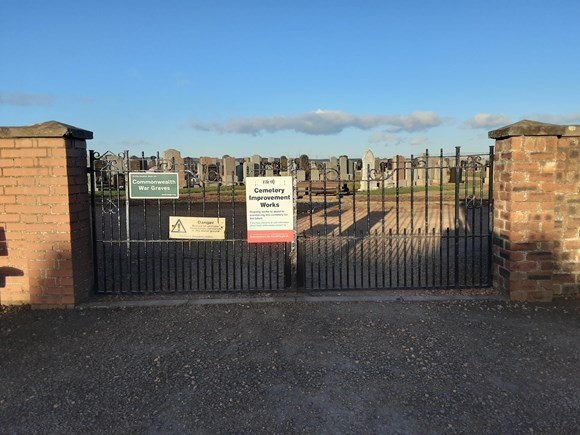 Pittenweem ceetery gates with improvement works signage on display - Headstone inspections at Pittenweem cemetery