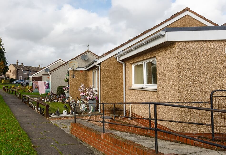 Back gardens of four neighbouring bungalows at McFarlane Court
