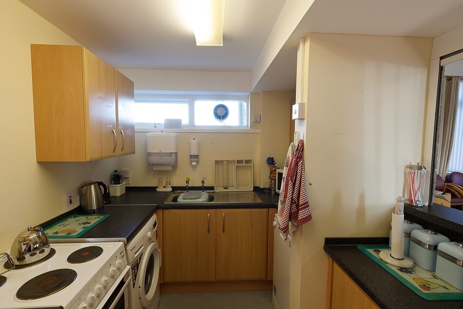 Communal kitchen with food prep area and tea/coffee making facilities