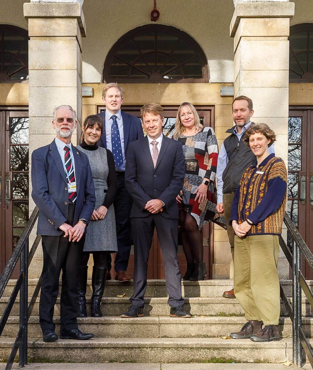 Speakers from the Fife COP conference stand on the steps of Glen Pavilion, Dunfermline.