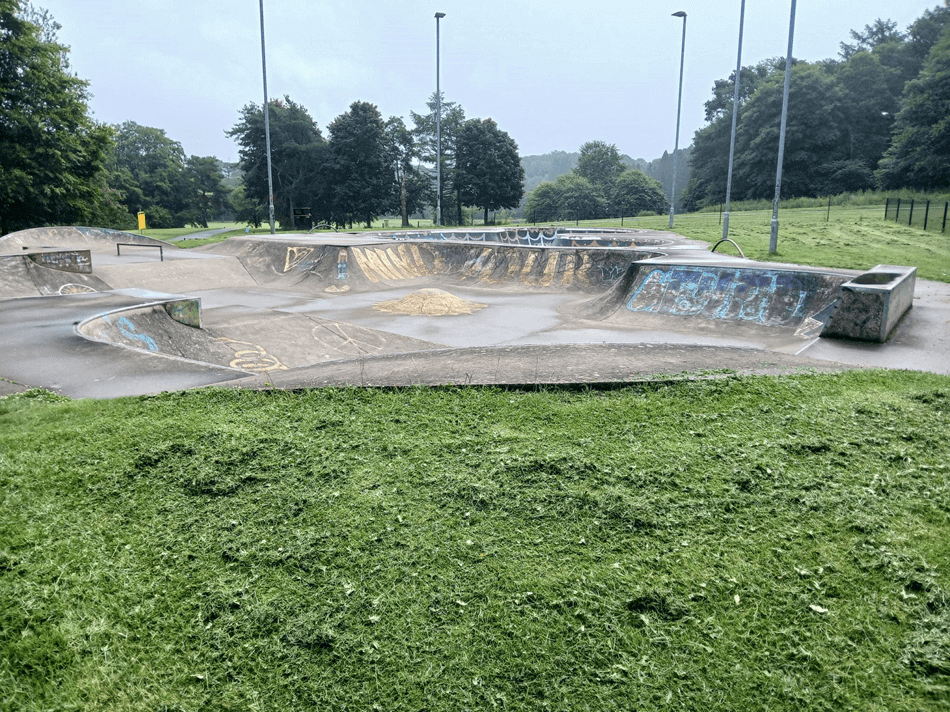 Outdoor skatepark with ramps and graffiti, surrounded by grass and trees