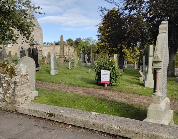 Signage on display in Kilrenny Cemetery, notifying people of the inspection work.
